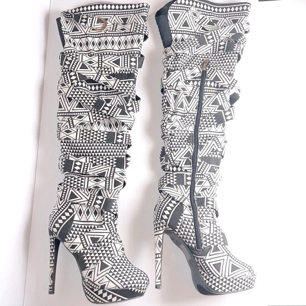 Black and White printed Thigh High Boots. Used. Size 8.5.